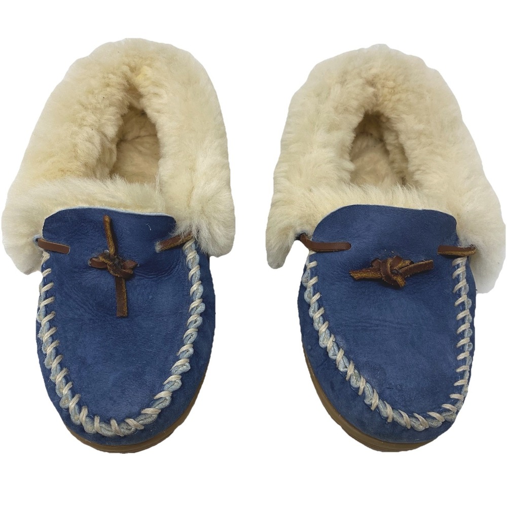 LL Bean Women Wicked Good Moc Slippers Sz‎ 5M Blue Leather Shearling Fur Comfort
